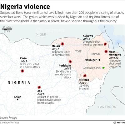 Map of Nigeria locating suspected Boko Haram attacks since last week which have killed more than 200 people.