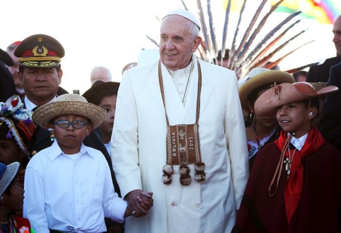 Pope Francis arrives at the international airport in La Paz, Bolivia July 9, 2015.