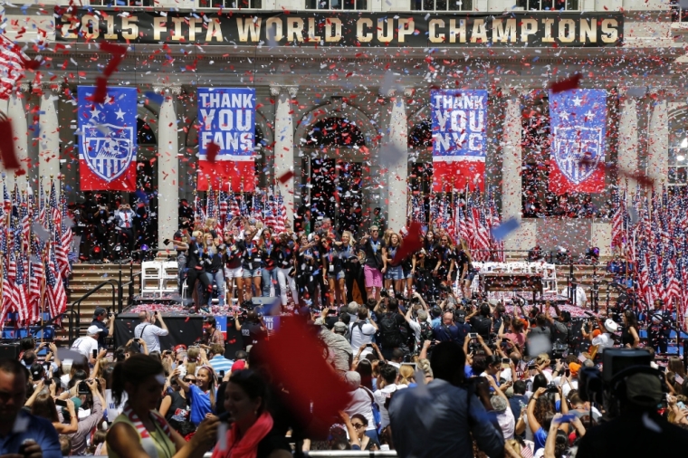 The U.S. Women's 2015 FIFA World Champions celebrate during ceremony at City Hall, in New York City on Friday, July 10, 2015.