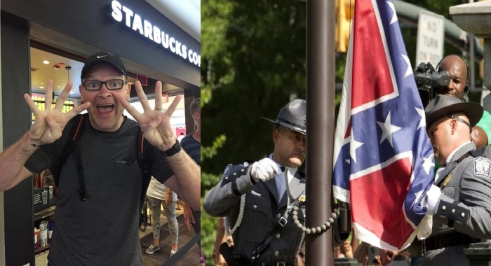 Megachurch pastor Perry Noble (L). The Confederate battle flag is permanently removed from the South Carolina statehouse grounds during a ceremony in Columbia, South Carolina, July, 10, 2015 (R).