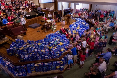 The congregation of Alpharetta First United Methodist Church in Alpharetta, Georgia, donates 5.6 tons of Oreos for troops serving overseas in June 2015.