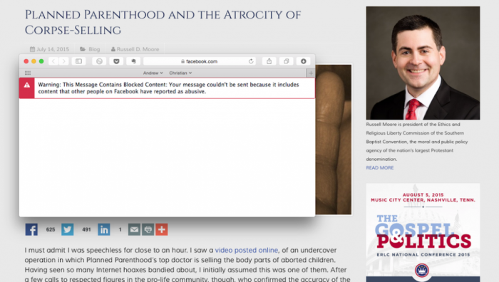 Screen capture of Russell Moore's blog post about Planned Parenthood blocked by Facebook.