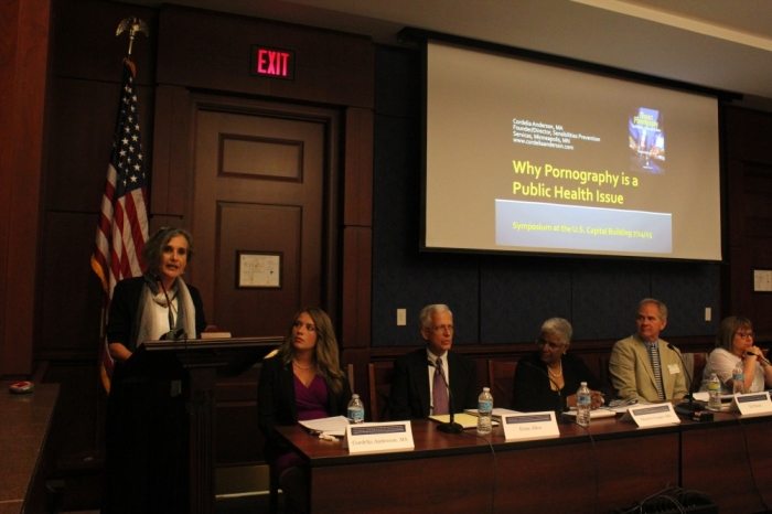 Public health advocates, gathered by the National Center on Sexual Exploitation, warn congressional staffers of the danger that internet pornography presents to society at the U.S. Capitol Visitor Center in Washington, D.C. on July 14, 2015.