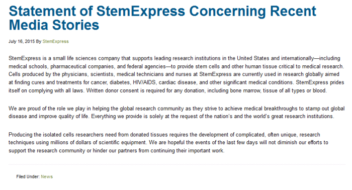 This is the 'Statement of StemExpress Concerning Recent Media Stories' dated July 16, 2015, on StemExpress.com