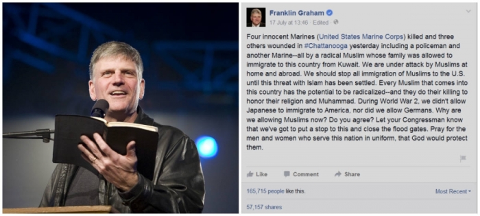 The Rev. Franklin Graham, president and CEO of Samaritan's Purse and the Billy Graham Evangelical Association, wrote on his Facebook page on July 17, 2015, that the United States should block Muslims from immigrating to country.