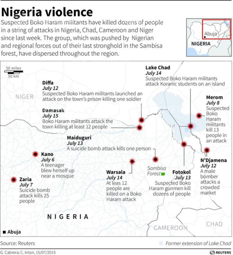 Map of the Lake Chad area in Central Africa locating recent attacks by Boko Haram militants.