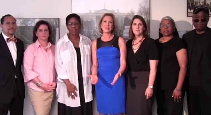 Presidential candidate Carly Fiorina denounces Planned Parenthood in a video with pro-life leaders. From Left: Rev. Dean Nelson, Marjorie Dannenfelser, Catherine Davis, Carly Fiorina, Charmaine Yoest, Lori Hoye, and pastor Walter Hoye in Washington on Tuesday, July 21, 2015.