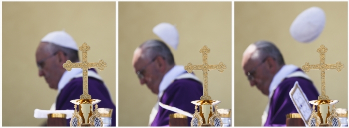 A combo picture shows a gust of wind blowing Pope Francis' skull cap as he celebrates a mass during his visit at Lampedusa Island, southern Italy, July 8, 2013. Pope Francis makes his first official trip outside Rome on Monday with a visit to Lampedusa, the tiny island off Sicily that has been the first port of safety for untold thousands of migrants crossing by sea from North Africa to Europe. The choice of Lampedusa is a highly symbolic one for Francis, who has placed the poor at the centre of his papacy and called on the Church to return to its mission of serving them.