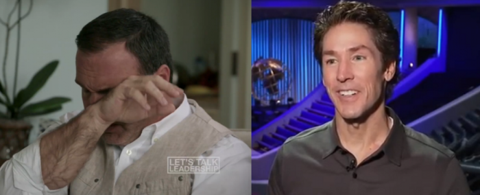 Former Mars Hill Church pastor Mark Driscoll (l) wipes tears from his eyes during a recent interview with Hillsong Church's Brian Houston. Joel Osteen (r)