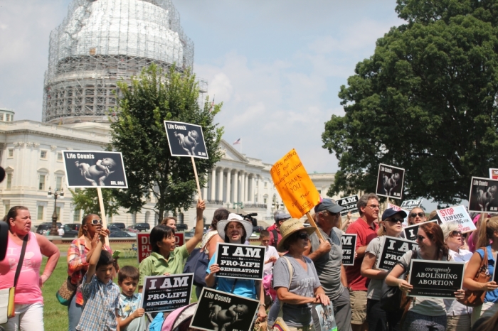 Pro-life protesters gather outside of the U.S. Capitol in Washington, D.C. to call for the federal government's immediate defunding of Planned Parenthood on July 28,2015.