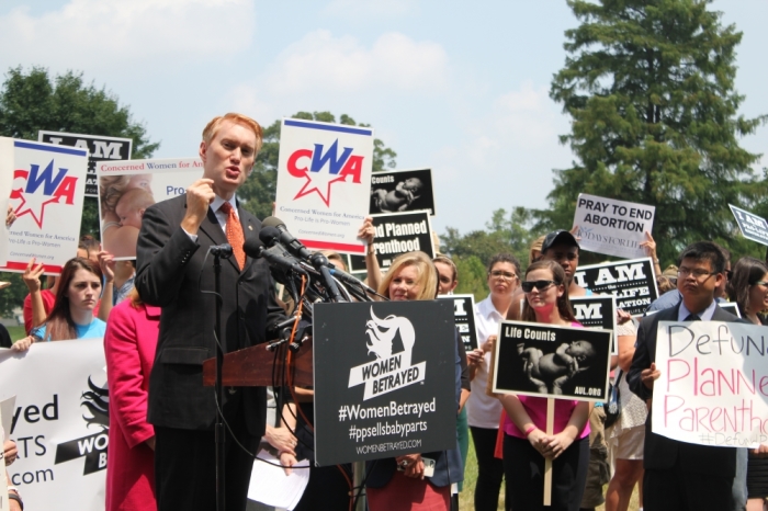 Oklahoma Senator James Lankford speaks at a pro-life protest outside of the U.S. Capitol in Washington, D.C. on July 28, 2015.
