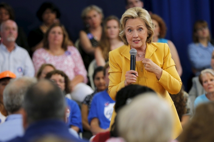Democratic presidential candidate Hillary Clinton answers a question from the audience during a town hall campaign stop in Nashua, New Hampshire, July 28, 2015.