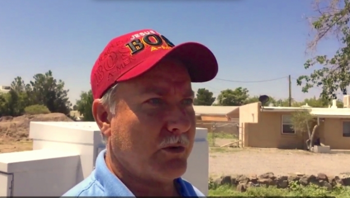 Dennis Llewellyn, member of Calvary Baptist Church in Las Cruces, New Mexico, talks about watching a mailbox blow up just outside the church Sunday, Aug. 2, only 30 minutes before an explosion rocked a Catholic church across town. Officials are investigating both blasts. Llewellyn, a former Marine demolitions expert, said the device in the mailbox was an obvious bomb.