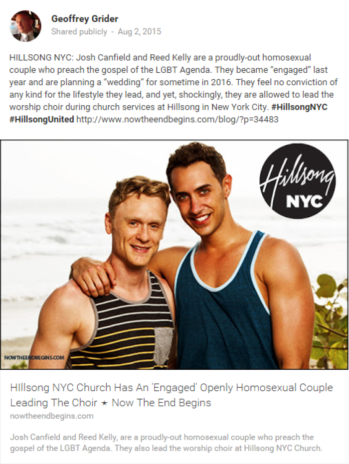 Geoffrey Grider, a Christian minister, published a viral blog post on Hillsong NYC's openly gay and engaged members, Josh Canfield and Reed Kelly, on Sunday, August 2.