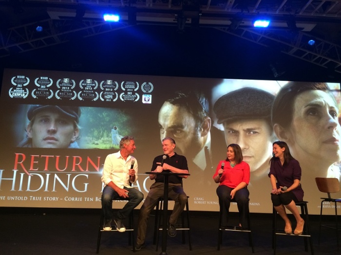 Executive Producer Peter Spencer (2nd from left) discusses 'Return to the Hiding Place.' His daughters, Petra Pearce (next to him) was also a producer of the film, and Rachel Spencer Hewett played a major character in the movie, are passionate about the movie's message of Christian action in times of severe persecution, Costa Mesa, California, July 25, 2015.