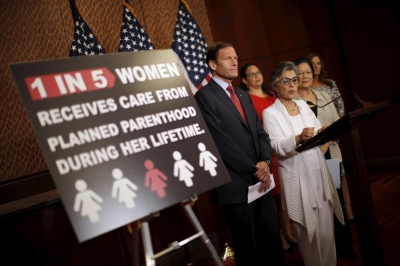 Senator Barbara Boxer, D-Calif., speaks at a news conference on the funding for Planned Parenthood, accompanied by Senator Richard Blumenthal, D-Conn., (L) in Washington, United States August 3, 2015.
