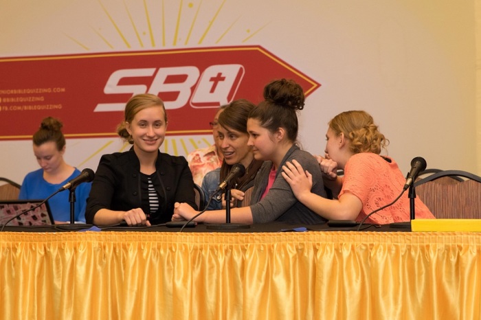 The Intermediate Division championship team from Fort Walton Beach, Florida, competing in the finals of the 2015 North American Bible Quiz Tournament, August 3-5, 2015, at the Cox Convention Center in Oklahoma City, Oklahoma.