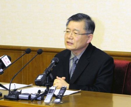 Hyeon Soo Lim speaks during a news conference at the People's Palace of Culture in Pyongyang, in this undated photo released by North Korea's Korean Central News Agency on July 30, 2015. Lim, head pastor of one of Canada's largest congregations who has been detained by North Korea since February, appeared before media in Pyongyang and confessed to crimes aimed at overthrowing the state, the North's official news agency said on Friday. The KCNA news agency said Hyeon Soo Lim, of the 3,000-member Light Korean Presbyterian Church in Toronto, 