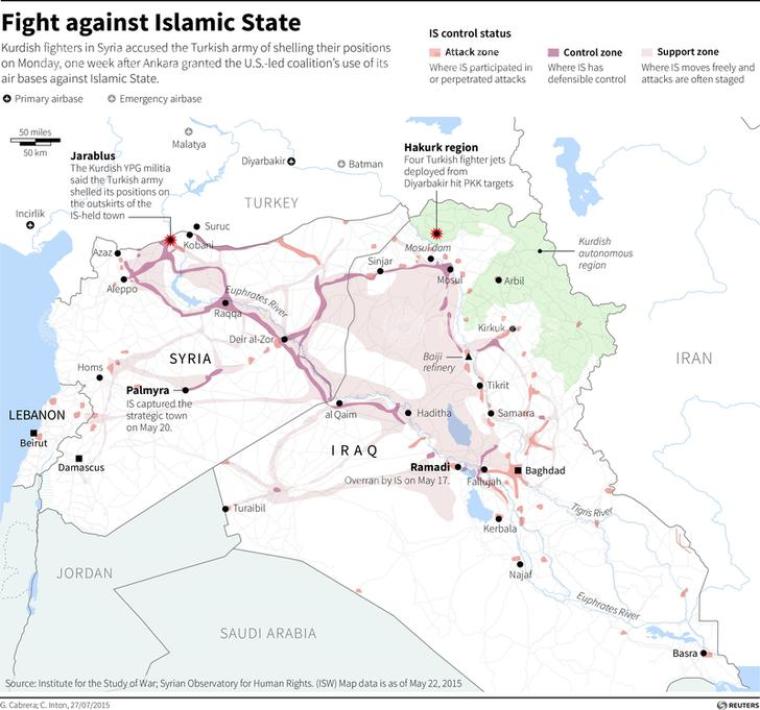 Map of the Middle East locating Islamic State's sanctuary in Syria and Iraq. Updates fresh violence in the region and the location of Turkish air bases used by the U.S.-led coalition against IS.