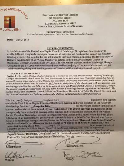 This letter was issued by First African Baptist Church in Bainsbridge, Georgia to let 92-Y-O Josephine King know that she was suspended from active membership for failing to contribute to the church physically and financially.