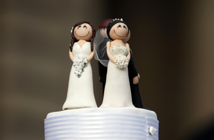 Two bride figurines adorn the top of a wedding cake during an illegal same-sex wedding ceremony in central Melbourne on August 1, 2009. Gay activists staged mock weddings across Australia on Saturday as the governing Labor Party voted against changing its ban on gay marriage.
