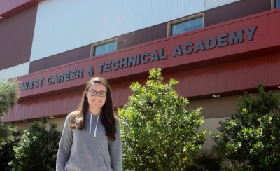 Angelique Clark, a student at West Career and Technical Academy, standing outside the Las Vegas, Nevada public school.