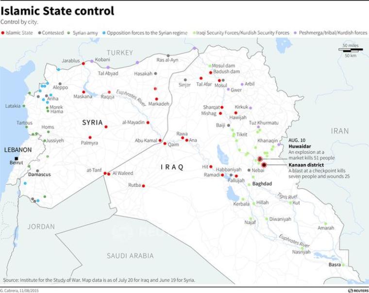 Map of Syria and Iraq showing cities controlled by Islamic State. Includes latest bomb attacks in Iraq.