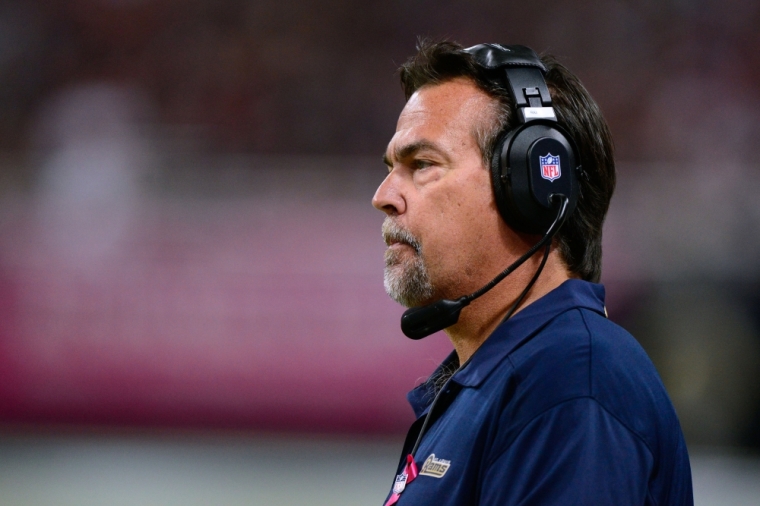 St. Louis Rams head coach Jeff Fisher looks on during the first half against the Jacksonville Jaguars at the Edward Jones Dome. St. Louis defeated Jacksonville 34-20, St. Louis, Missouri, October 6, 2013.