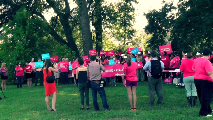 Planned Parenthood supporters protest actions by Louisiana Gov. Bobby Jindal outside the governor's mansion, Aug. 21, 2015.