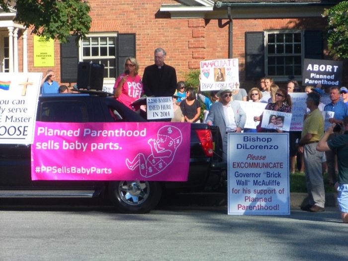Pro-life activist Leslie Blackwell emceeing protest against a Planned Parenthood clinic in Richmond, Virginia on Saturday, August 22, 2015.