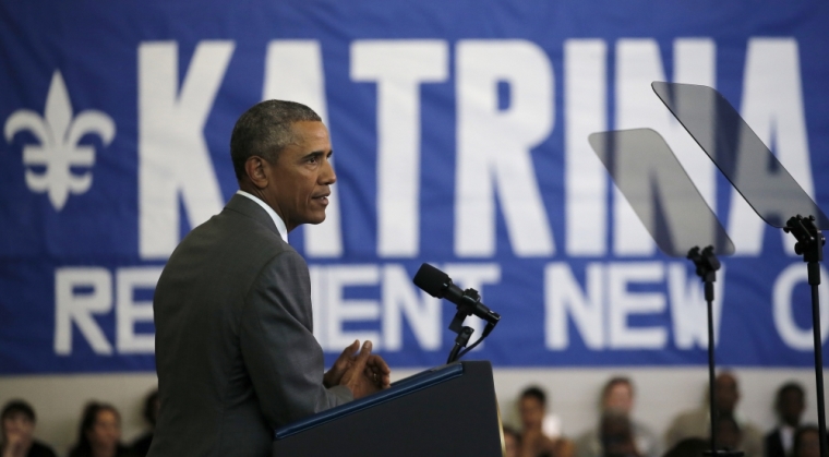 U.S. President Barack Obama delivers a speech at the Andrew P. Sanchez Community Center in Lower Ninth Ward of New Orleans, Louisiana, August 27, 2015. Obama heralded the progress New Orleans has made rebuilding since Hurricane Katrina battered the area 10 years ago but said more needed to be done to overcome poverty and inequality.