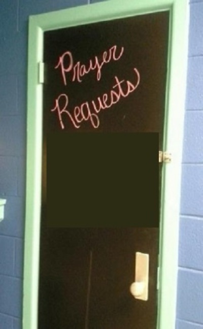 A prayer request board set up in a classroom at Oak Grove Middle School in the Lamar County School District, Mississippi, August 2015. The names of students have been blocked to protect their identities.