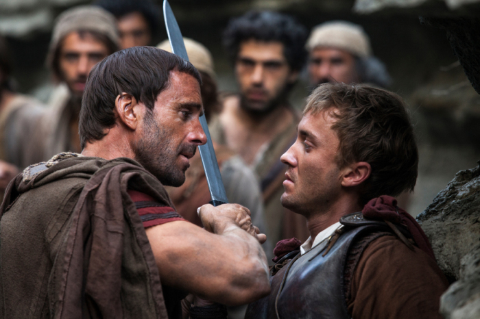 Joseph Fiennes (L) and Tom Felton as Roman soldiers Clavius and Lucius in a scene from 'Risen.'