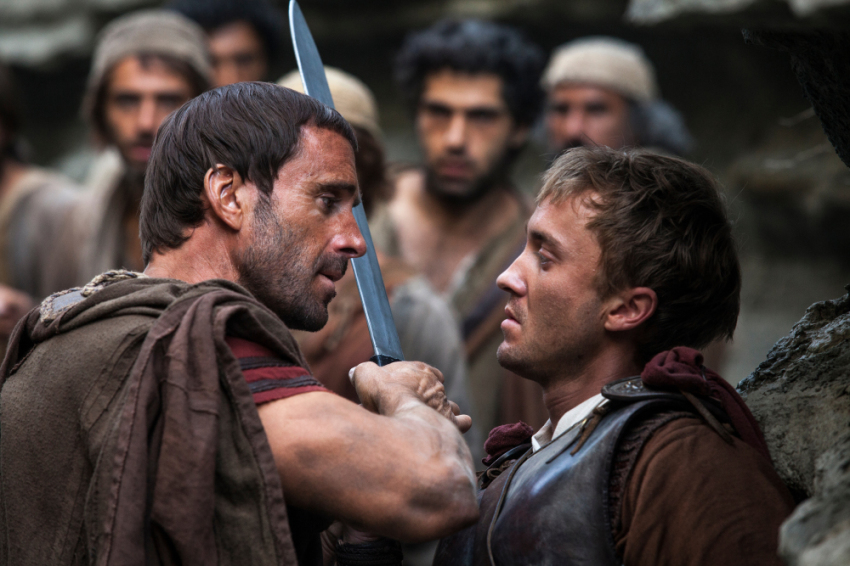 Joseph Fiennes (L) and Tom Felton as Roman soldiers Clavius and Lucius in a scene from "Risen."