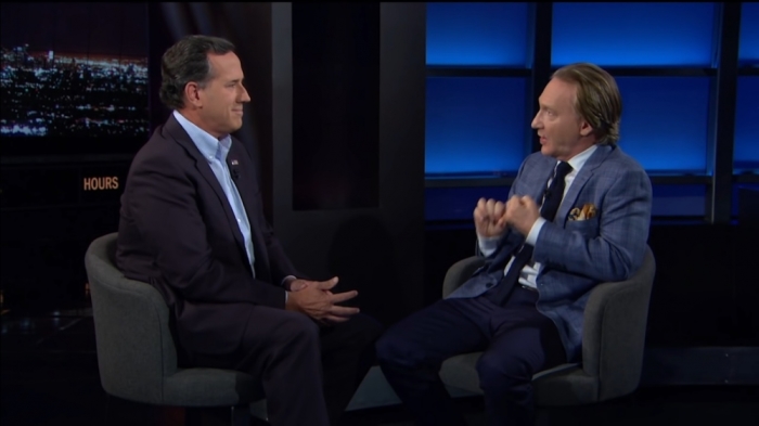 GOP candidate Rick Santorum (L) and HBO host Bill Maher talking on 'Real Time' on Aug. 28, 2015.