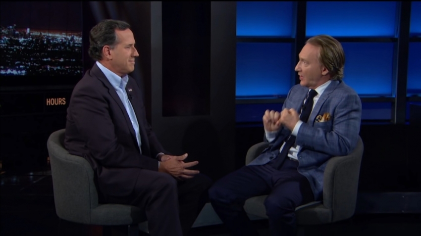 GOP candidate Rick Santorum (L) and HBO host Bill Maher talking on "Real Time" on Aug. 28, 2015.