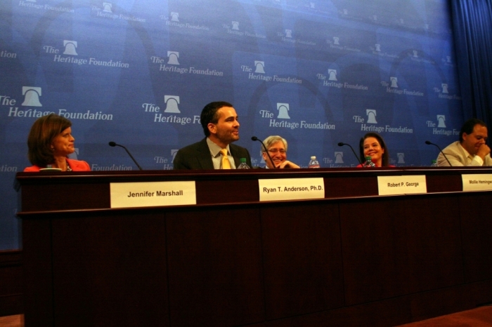 Conservative author and activist Ryan Anderson and Princeton professor Robert P. George participate in a Heritage Foundation discussion in Washington, D.C. on Sept. 1, 2015.