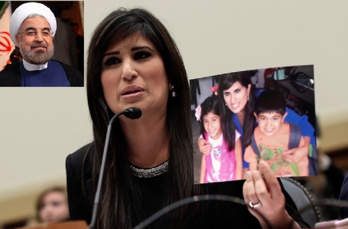 Nagmeh Abedini, wife of Pastor Saeed Abedini, holds of a photo of her family. (Inset) Iranian President Hassan Rouhani.