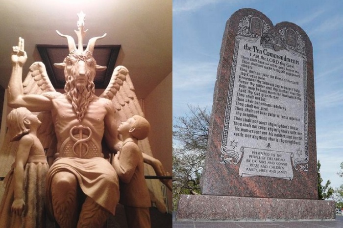 The Satanic Temple's template for a statue of Baphomet is pictured in this undated handout photo (L). The Ten Commandments (R).