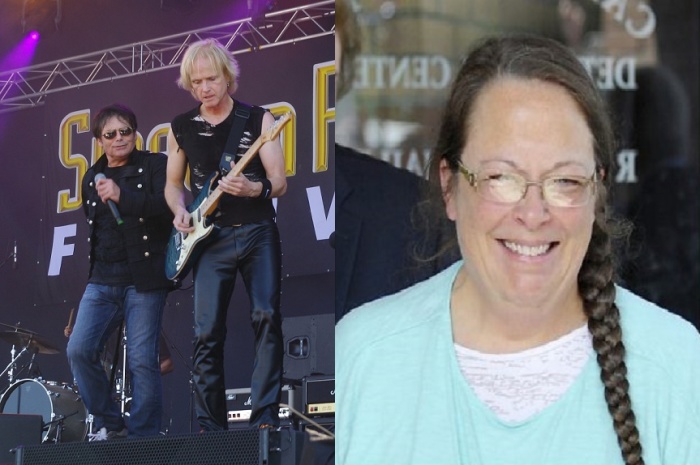 Frankie Sullivan (with guitar) and Jimi Jamison at the Sweden Rock Festival in 2013. Kim Davis (R).