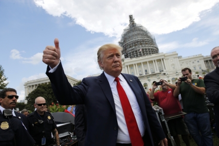 Republican presidential candidate Donald Trump arrives at a Capitol Hill rally to "Stop the Iran Nuclear Deal" in Washington, September 9, 2015.