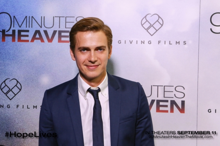 Actor Hayden Christensen smiles for cameras on the red carpet of the Atlanta world premiere of '90 Minutes in Heaven' at Fox Theatre on September 1, 2015.