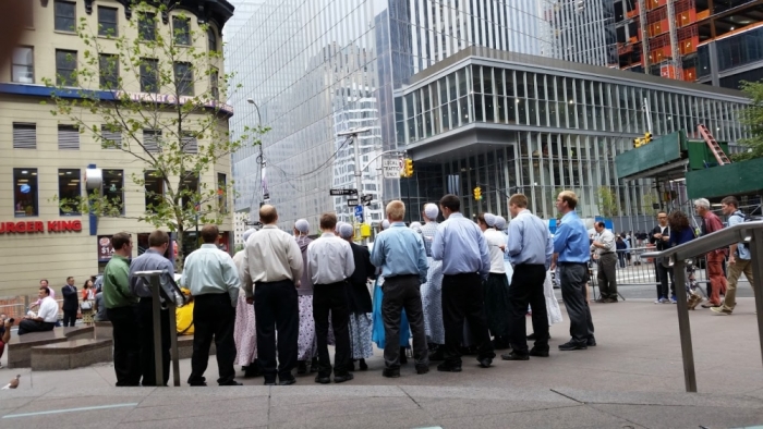 Mennonites from all over the country doing outreach work in Zuccotti Park in downtown New York City on September 11, 2015.