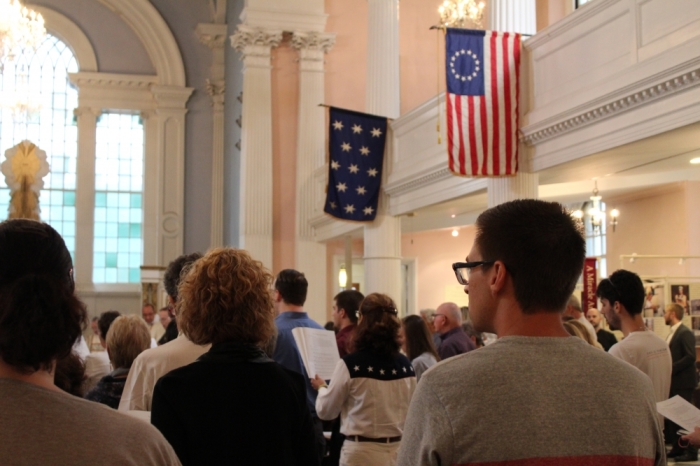 Congregants listen to Marine-turned-Army chaplain, the Rev. David W. Peters, as he delivered his sermon at St. Paul's Chapel in Lower Manhattan, New York City, on September 11, 2015.