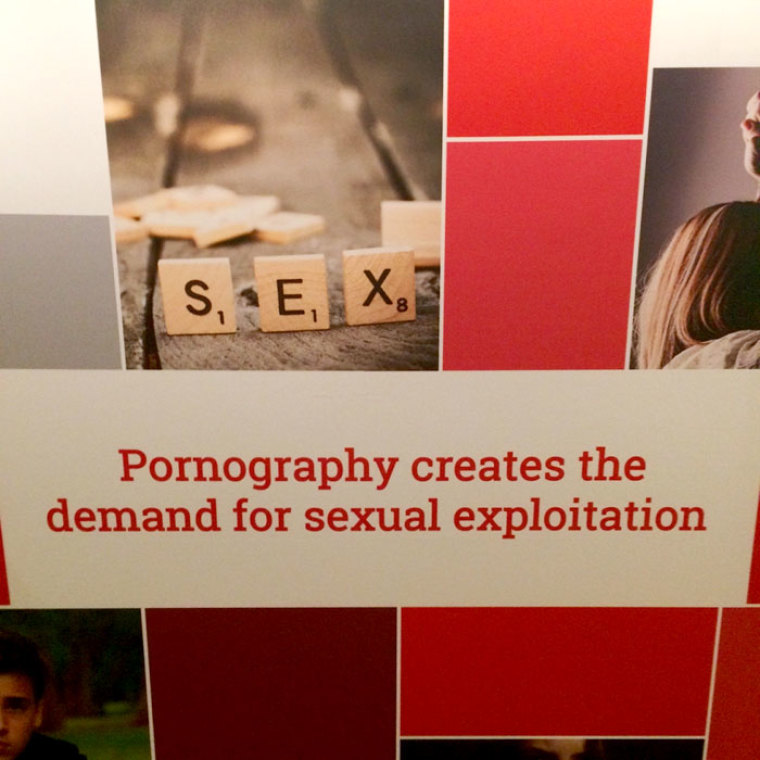 Poster featured at the second annual Coalition to End Sexual Exploitation Summit in Orlando, Florida, September 12, 2015.