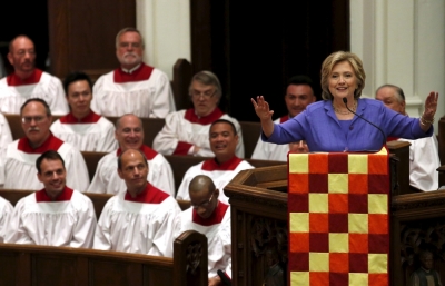 U.S. Democratic presidential candidate Hillary Clinton speaks at the Foundry United Methodist Church's bicentennial service in Washington, September 13, 2015.