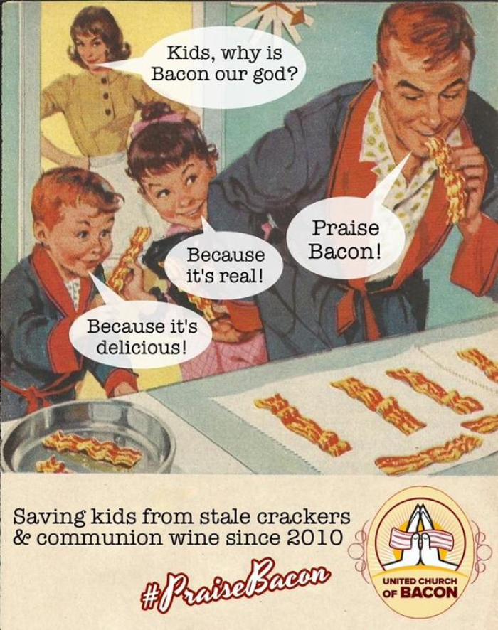 Artwork from the United Church of Bacon, an atheist organization that uses meat to mock religion.