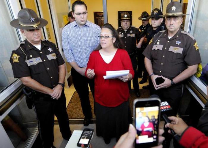 Kim Davis addresses the media just before the doors are opened to the Rowan County Clerk's Office in Morehead, Kentucky, September 14, 2015.