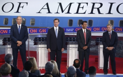Republican U.S. presidential candidates (L-R) former New York Governor George Pataki, former U.S. Senator Rick Santorum, Louisiana Governor Bobby Jindal and U.S. Senator Lindsey Graham gather onstage for a debate between the lowest polling candidates held before the second official Republican presidential candidates debate of the 2016 U.S. presidential campaign at the Ronald Reagan Presidential Library in Simi Valley, California, United States, September 16, 2015.