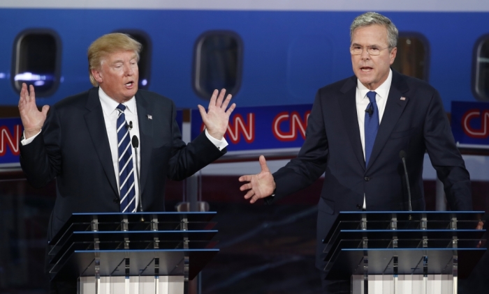 Republican U.S. presidential candidates businessman Donald Trump (L) and former Florida Governor Jeb Bush debate during the second official Republican presidential candidates debate of the 2016 U.S. presidential campaign at the Ronald Reagan Presidential Library in Simi Valley, California, United States, September 16, 2015.